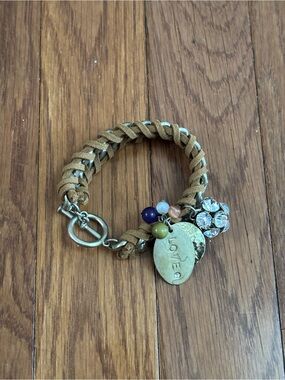Vintage Inspired Leather and Bronze Tone Braided Charm Bracelet